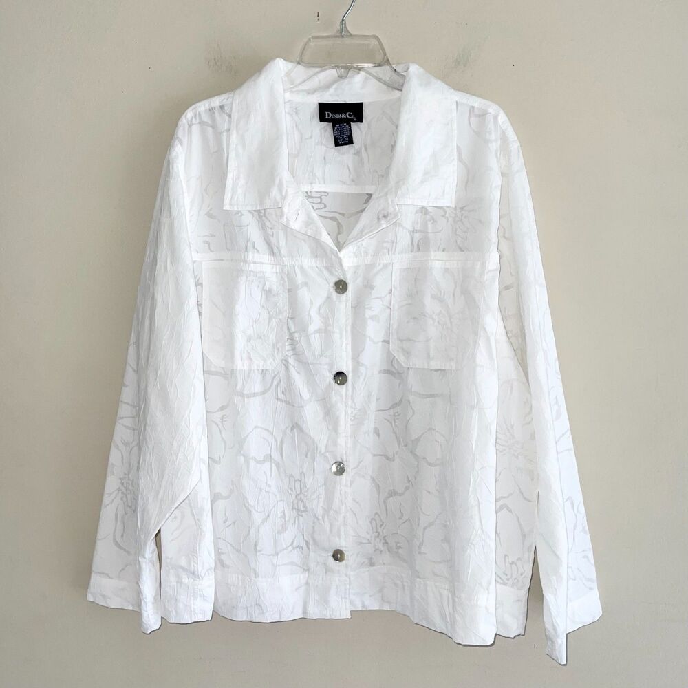 Denim Co White Semi Sheer Long Sleeve Casual Shirt Plus Size 3X Top Floral